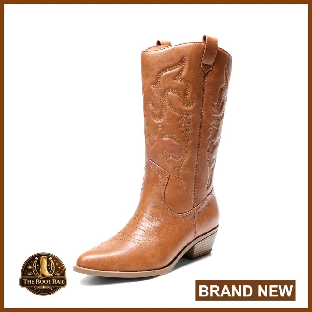 Western Cowgirl Boots Mid Calf Pull On Chunky Heel Pointed Toe Embroidered